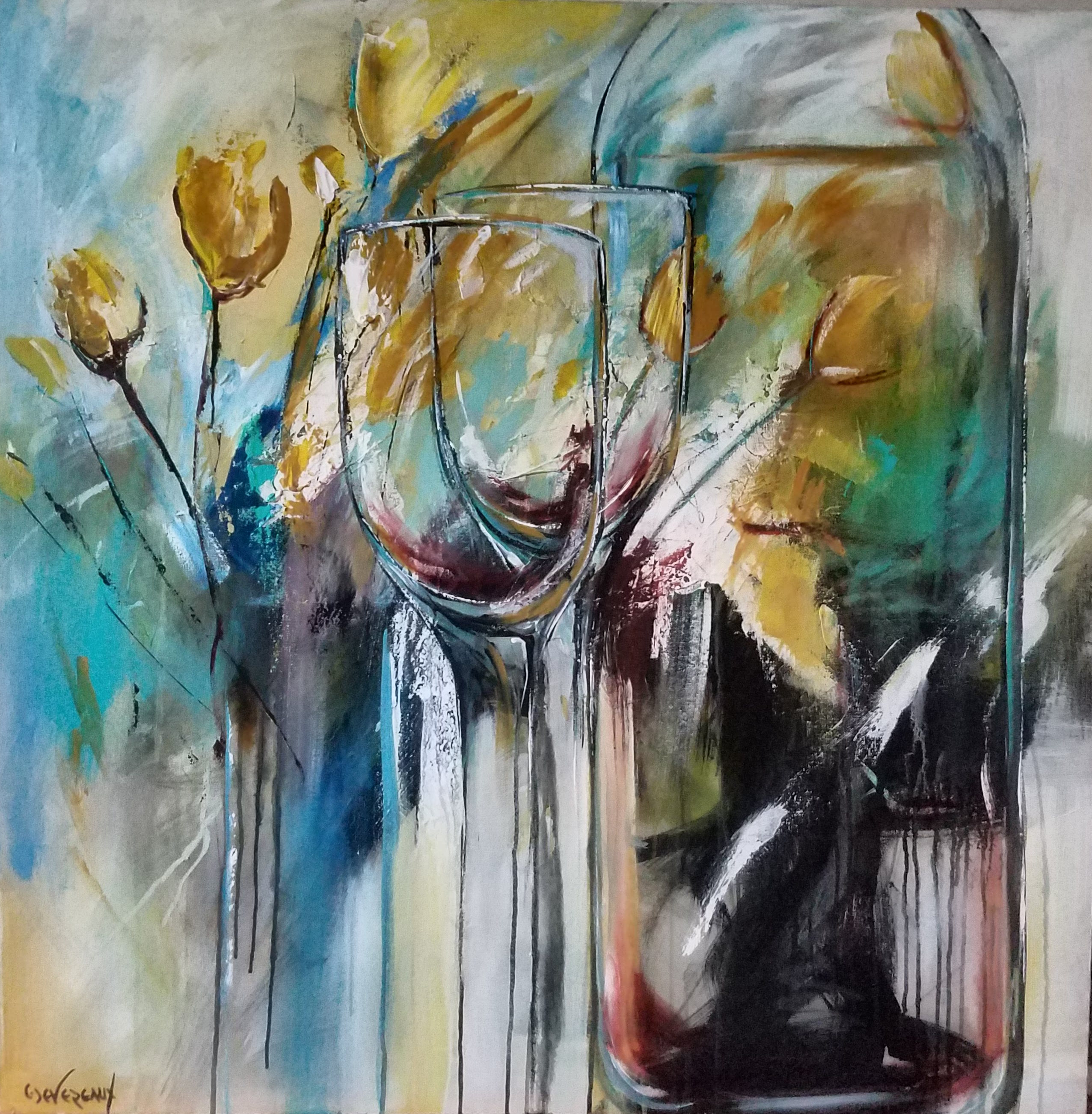 'Wine & Roses' contemporary floral and wine painting