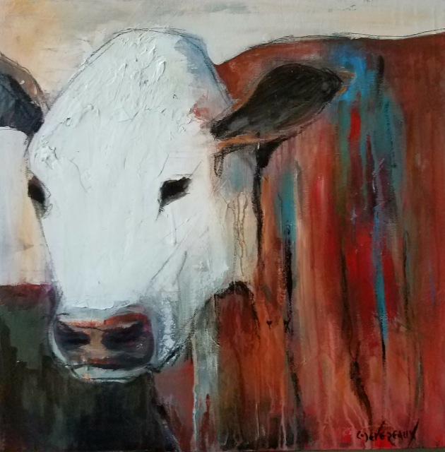 'Red Heifer' acrylic and plaster cow painting by Cher Devereaux