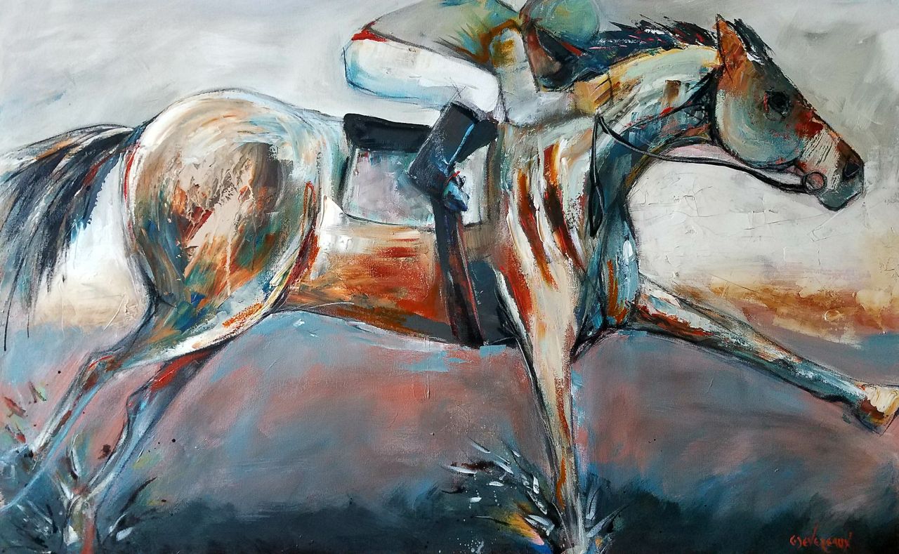 'Let Him Run' acrylic race horse painting by artist Cher Devereaux