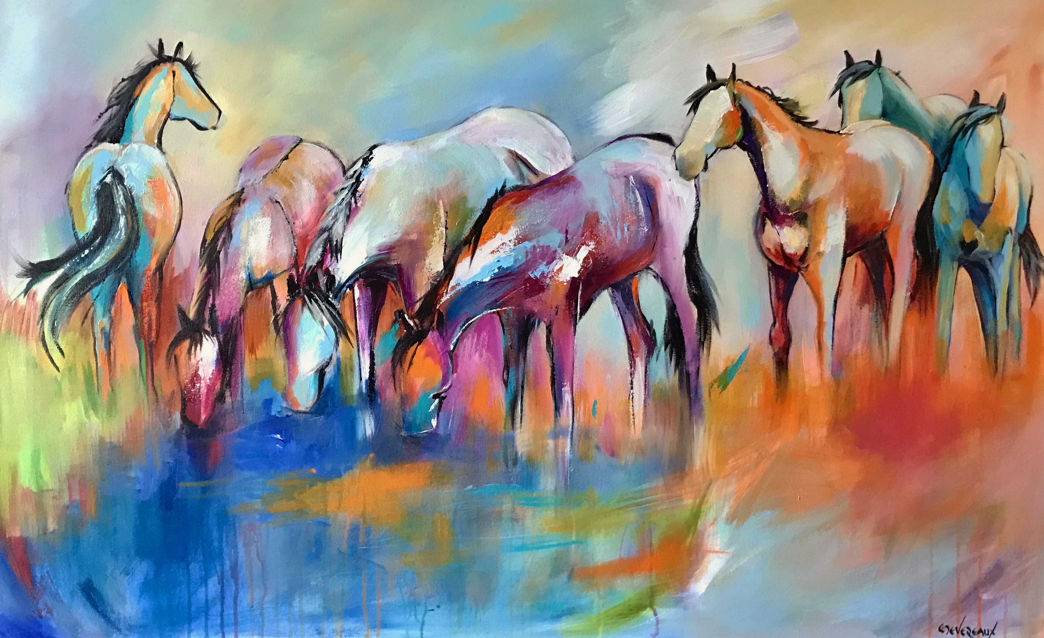 'Watching & Waiting' 30x48 contemporary modern equine horse painting by Cher Devereaux
