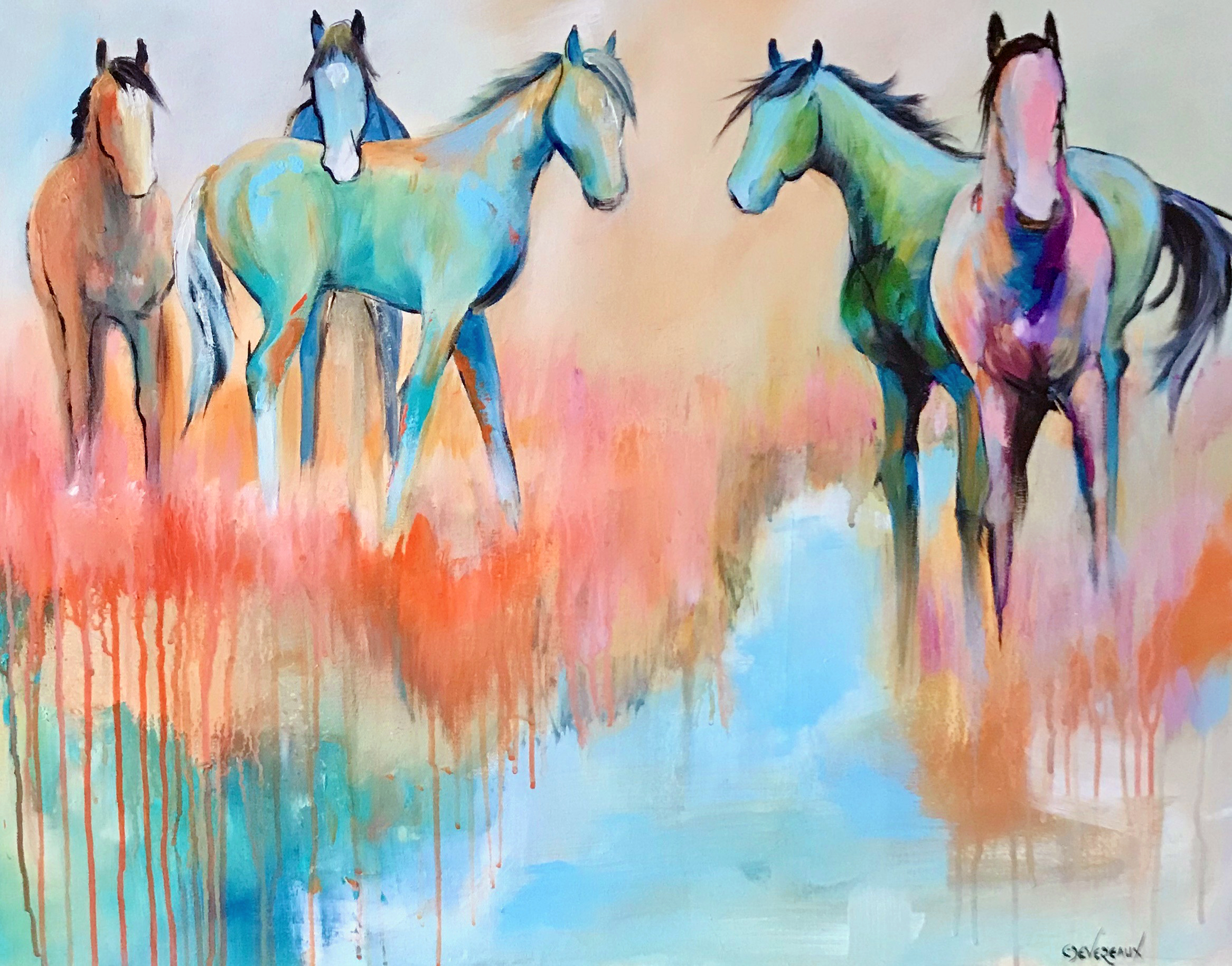 'Creek' 24x30 in  contemporary modern equine, horse painting by Cher Devereaux on stretched canvas.