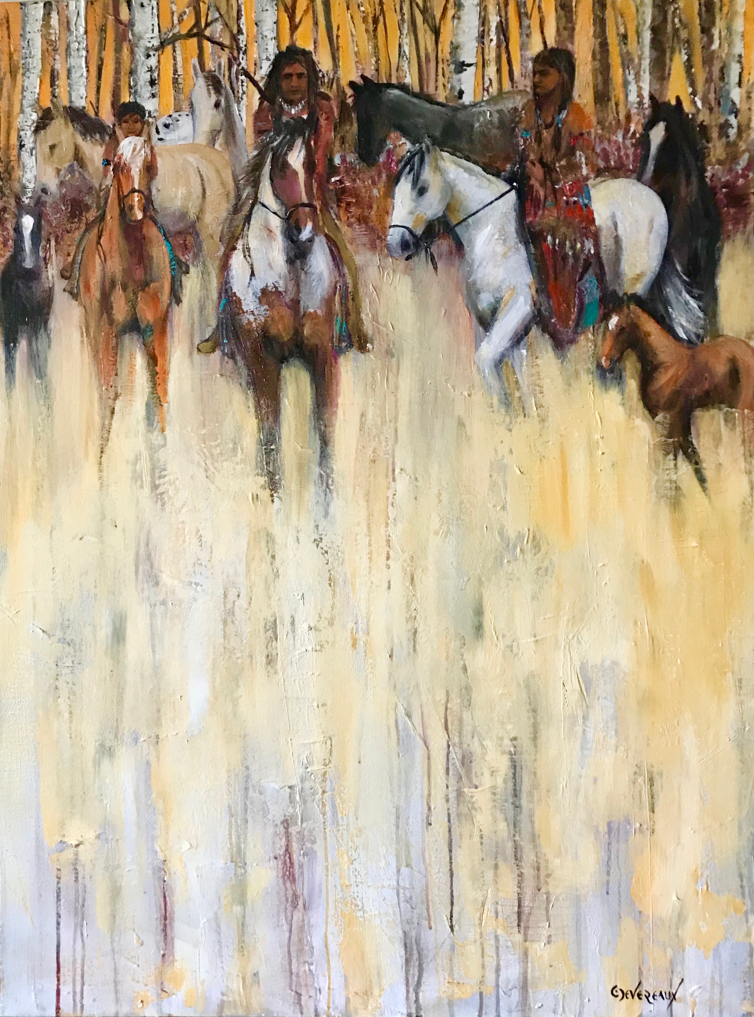 'Family Gathering' 30x40 in  contemporary modern native american, american indian painting by Cher Devereaux on stretched canvas.