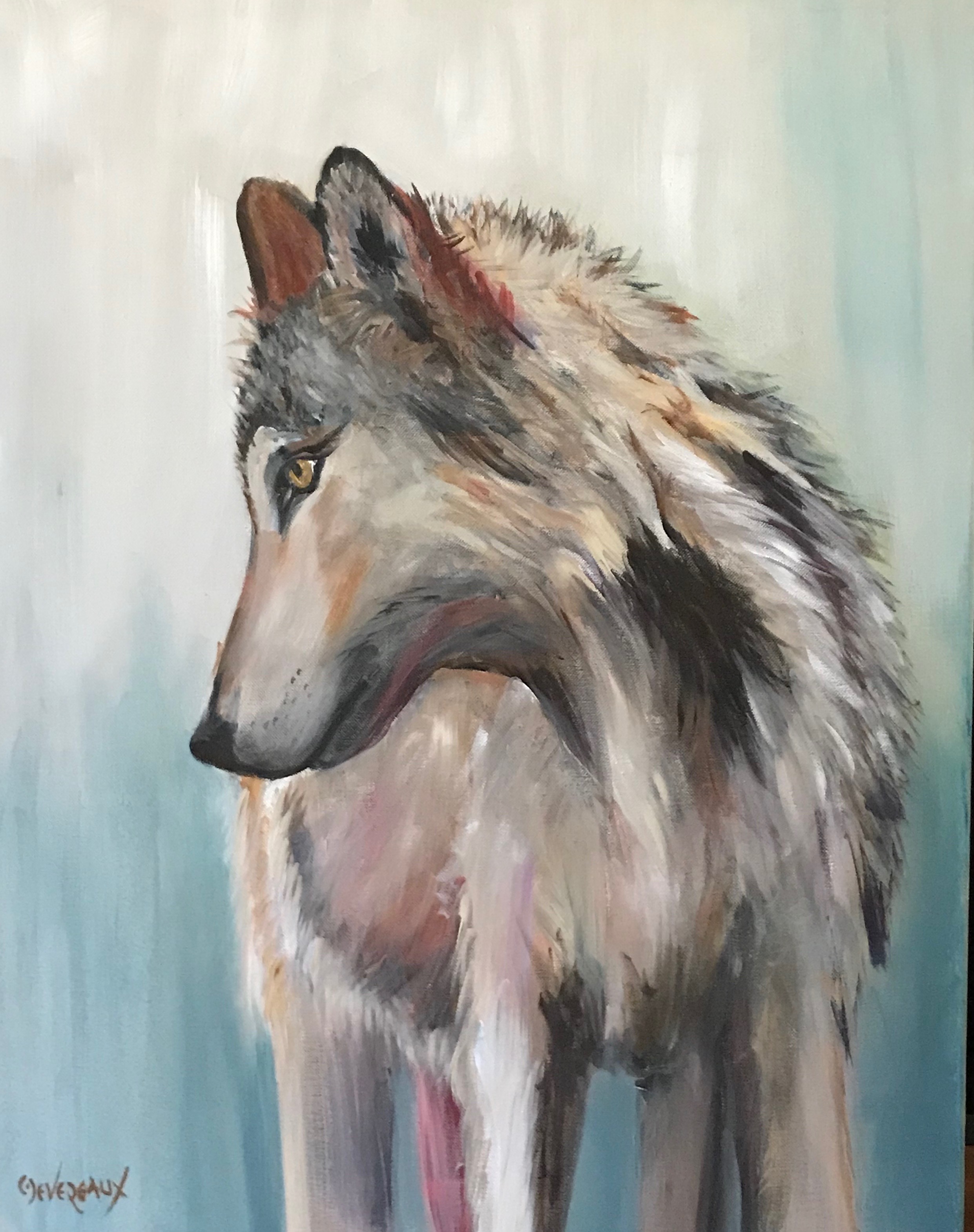 'Solo' 20x28 in  contemporary wolf painting by Cher Devereaux on stretched canvas.