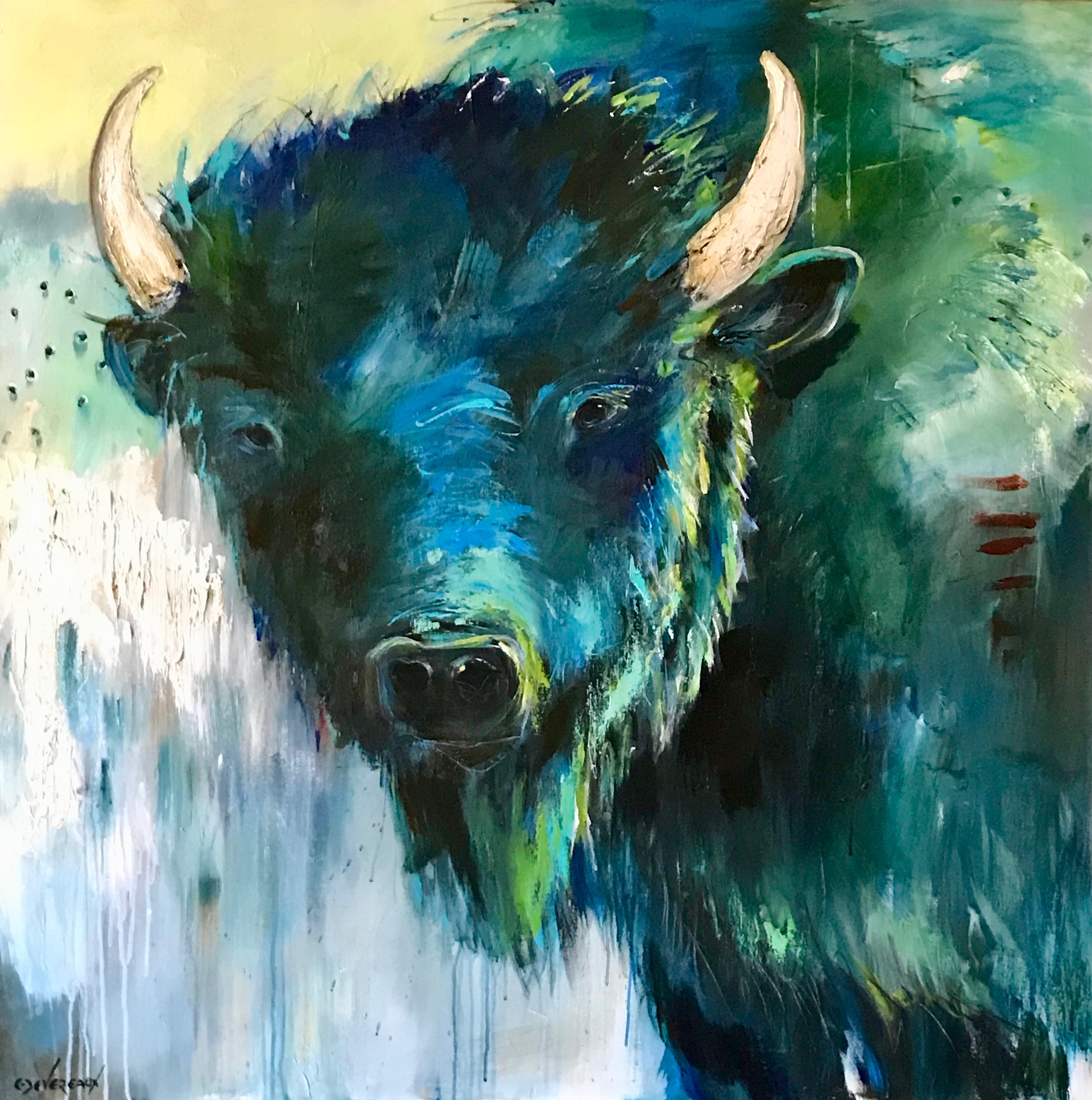 ‘The Blues’ 42×42 Contemporary Modern Bison Buffalo Painting by Cher Devereaux on stretched canvas
