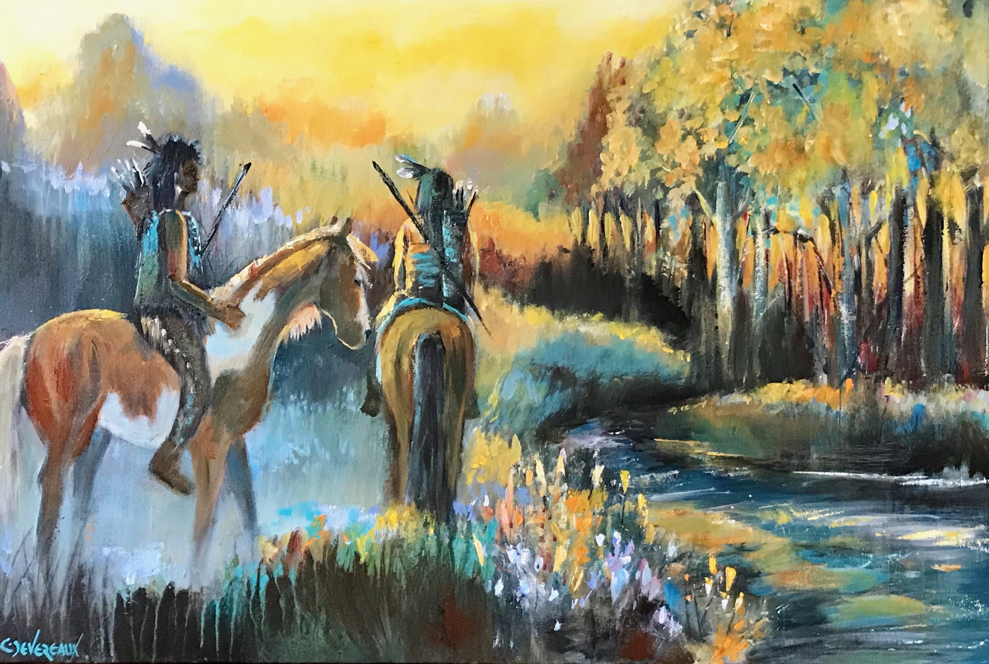 'Yellow Sky' 24x36 Contemporary Native American Horse Painting by Cher Devereaux on stretched canvas